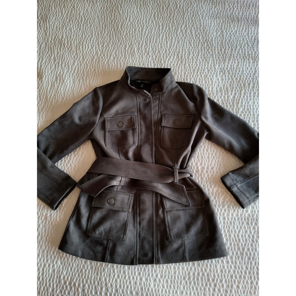 White House Black Market Faux Suede Utility Jacket Gray Belted XS